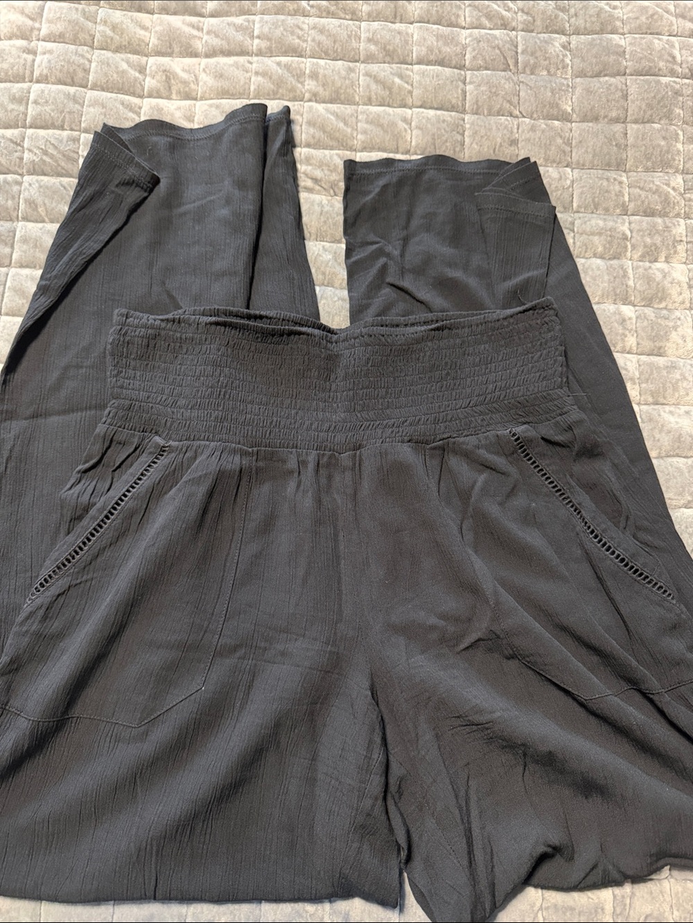 Black Smocked Waist Wide-Leg Pants - Picture 2 of 8